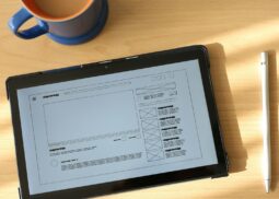 a tablet computer sitting on top of a wooden table