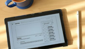 a tablet computer sitting on top of a wooden table